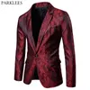 Wino Red Paisley Kwiat Żakardowy Kurtka Kurtka Mężczyźni Marka One Button Wedding Groom Tuxedo Blazer Mężczyzna Party Dinner Costume Homme 210522