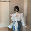 Nomikuma outono vintage lace camisa sem encosto cintura magro o pescoço manga puff blusas mulheres blusas mujer estilo coreano 3d369 210514