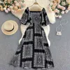 Neploe Square Collar Sexy Clavicle Exposed Kleid Frauen Hohe Taille Hüfte Eine Linie Lange Vestidos Vintage Plaid Urlaub Böhmischen Robe 210423