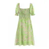 Blomstryck Midi Dress Butterfly Short Sleeve Lady Vintage Es Bow Slips Split Strand för kvinnor Ropa de Mujer 210508
