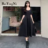 Lång svart elegant Midi Dress Kvinnor Sommar Kortärmad Vintage Harajuku Fickor Stora Klänningar Retro Vestidos 210506