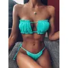 Women's Swimwear Ribbed Bikinis String Ruffle Swimsuit 2021 Bandeau Folds High Cut Two Piece Bathing Suits Yellow Bikini Set