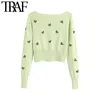 TRAF Women Fashion Butterfly Embroidery Cropped Knitted Cardigan Sweater Vintage Long Sleeve Female Outerwear Chic Tops 210415