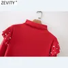 Vrouwen mode stand kraag kralen decoratoïne ruches rode mini jurk vrouwelijke lange mouwen casual feest vestidos DS4954 210420