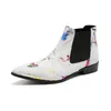 Botas británicas con punta en pico para hombre, botines de cuero genuino con estampado blanco, botas cortas informales sin cordones para invierno