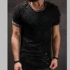 Mode sommar rippade kläder män tee hål solid t-shirt smal passform o neck kortärmad muskel casual jersey toppar t-shirts 210726