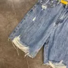 Fabpop Sommardesign Hög midja Rippade hål Elastiska Pärlor Bälte Knee Längd Blå Denim Byxor Half Jeans Kvinnor GB480 210709