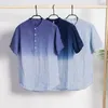 남성 캐주얼 셔츠 레트로 짧은 소매 그라디언트 린넨 셔츠 패션 염색 파란색 색상 슬림 맞춤 순수한 의류 풀오버