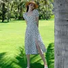 Chic Korea Summer Kvinnor Klänning A-Line Bomull Polka Dot Square Neck Vintage High Waist Slim Party Vestido 14121 210427