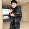 Koreanska män blazers plaid bröllop business blazer slim maskuline gata bär social avslappnad klänning kappa tuxedo party kläder 210527