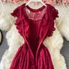 Vintage violet / vert / rouge dentelle robe midi femmes doux col rond volants robes femme taille haute robe mince printemps automne 210630