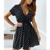 Casual Dresses Women Vintage A-line Mini Dress Deep V Neck Short Sleeve Belted Slim Vestidos Ladies Polka Dot Print Party Clothes Summer