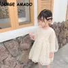 Koreański styl letnie dzieci dziewczyny sukienka siatki rękawy francuskie koronki sukienki księżniczki słodkie ubrania mody E1030 210610