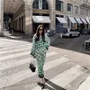 PUWD Casual Dames Groene Print Blouse Suit Spring Elegante Vrouwelijke Streetwear Pant Matching Sets Dames Vinatge Geometry Suits 211007