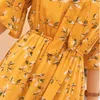 Summer Women Mid Szyfonowa Sukienka Bow Collar Elegancki Krótki Rękaw Kobiet Suknie Linii Kwiatowe Warstwy Druku Vestidos 210514