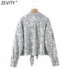 Zevity Frauen Vintage Geometrische Pirnt Saum Geknotete Smock Bluse Weibliche Kerb Kragen Kimono Shirts Chic Blusas Tops LS7673 210603