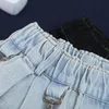 Johnature Korean Retro Patchwork Pockets Gat Elastische Taille Denim Wide Leg Shorts Zomer Losse Vrije tijd Dames Shorts 210521