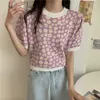 Woherb Summer Korean Fashion Thin Knitted T Shirt Women Floral Print Vintage Tops Crew Neck Short Sleeve Knitwear T-shirts 210722