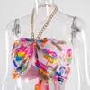 Floral Sequin Embroidery Roze Zomer Crop Top met Ketting Tie Volledige voering Avond Night Party Camis Chain