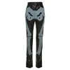 Kvinnor byxor Capris Faux PU Läder Skelett Kvinnor Patchwork Denim Skull High Waist Long Byxor Ladies Gothic Side Split Zipper Pencil