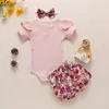 born Cotton Print Outfits Summer Toddler Infant Girl Set Bodysuit+ Striped Shorts+Headband 3pcs Cute Baby Clothes 210515