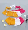 Summer girls cotton clothing sets solid color one line shoulder with breast pleated jacket and shorts set