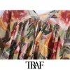 TRAF Femmes Mode Semi-Sheer Graffiti Imprimer Blouses en mousseline de soie en vrac Vintage V Col Flare Manches Femme Chemises Blusas Chic Tops 210415