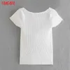 Tangada Kobiety Biały Struszony T Shirt Krótki Rękaw Kwadratowy Neck Tees Damska Koszulka Koszulka Street Wear Top AB03 210609