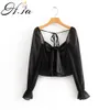 H.SA Dames Zomer Zwart en Lange Mouwen Organza Boog Tie Tops Dames Party Blusas Korte Sexy Transparante Blouse 210417