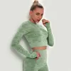 Hamidou Kvinnor Camo Stickade Yoga Sets 2 st Långärmad T-shirts + Hög midja Leggings Energy Seamless Gym Pass Fitness 210802