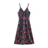 Boho Vintage Floral Print Midi Strapドレス女性ファッションカジュアルミッドカーフホリデービーチバックレスドレスvestidos Mujer 210508