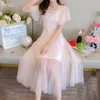 Francuski Eleganckie cekiny Sukienka Vintage Mesh Kobiety Fairy Lato Słodkie Kawaii Odzież Kobieta Długa Wiosna 210604