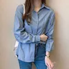 秋の韓国の緩い長袖ブラウストップス女性のシャツブルーストライプシャツポケットカジュアルOLスタイルの女性Blusas 10429 210528