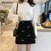 Minigonna in velluto a coste stile coreano primavera Gonne a vita alta con ricami floreali dolci Harajuku A-line nero elegante femminile Jupe 210520