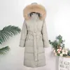 Oftbuy x-lange winter jas vrouwen echte natuurlijke bontkraag met capuchon 75% witte eend onderaan riem jas warme mode bovenkleding 211130
