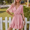 Abito estivo vintage rosa a pois per donna Casual Boho Beach Style Mini manica corta svasata con scollo a V Vestito estivo 210427