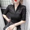 Yaz Dantel Gömlek kadın Ins Hollow Kısa Kollu Moda Vintage Giysi Katı Renk Blusas Mujer De Moda P046 Tops 210527