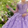 Sparkly Lilac Quinceanera Dresses 2022 Long Sleeve Lace 3D Flowers Sequins Beads Rhinestone Princess Party Sweet 15 Ball Gown Dress Vestidos De 16 Años Brithday