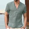 Linen Shirt Mens Stand Collar Casual Short Sleeve Casual Shirts Men Camisas Oversized Breathable Chinese Style Chemise Homme 210524