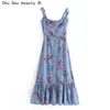 İlkbahar Yaz Vintage Kız Baskı V Yaka Ruffled Bahçe Askı Elbise Ince Tatil Uzun Etek Kadın 210508