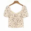 Kvinnor Flroal Print Topp Monterad Bodice och Back Sweetheart Neck Puff Sleeves Kvinna Tie Closure Chic T Shirt Toppar 210520