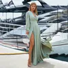 Casual Dresses Women Summer Dress 2021 Långärmad Sexig Djup V-Neck Split Beach Evening Party Boho Maxi Vestidos