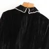 Chic Haft Turn Down Collar Sukienki Kobiety Moda Vintage Black Velvet Dress Eleganckie Damskie Długie Rękaw Mini Sukienki 210520