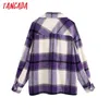 Jesień Zima Kobiety Purpurowa Plaid Print Chic Kurtka Kieszonkowa Kieszonkowa Z Długim Rękawem Outwear Kobiet Casual Coat Tops Be798 210416