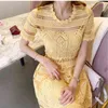 Vestidos De Verano Mujer Women's Korean Temperament Lace Openwork Waist Large Swing Light Yellow Dress Sukienka Letnia 210514