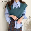 Office Lady Two Pieces Set Solid Shirt Chic Korean Loose Stickad Vest Spring Höst Fashion 2 Outfit Passar 210601
