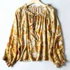 GEÏNSPIREERD gele bloemen lange mouw blouse vrouwen kwastje gebonden V-hals losse blouse voor vrouwen zomer blouses tops 210412