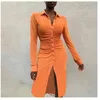 Spring Women Solid Color Midi Long Skinny Shirt Dress Vintage Sleeve Lapel Pleated Ruched One-piece Bodycon 210429