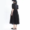 [EAM] Women Black Brief Elegant Long Dress Round Neck Short Puff Sleeve Loose Fit Fashion Spring Summer 1U487 21512