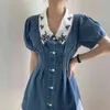 Women Denim Vintage Embroidery Dress Turn-down Collar Short Puff Sleeve Fit Fashion Spring Summer 16F0759 210510